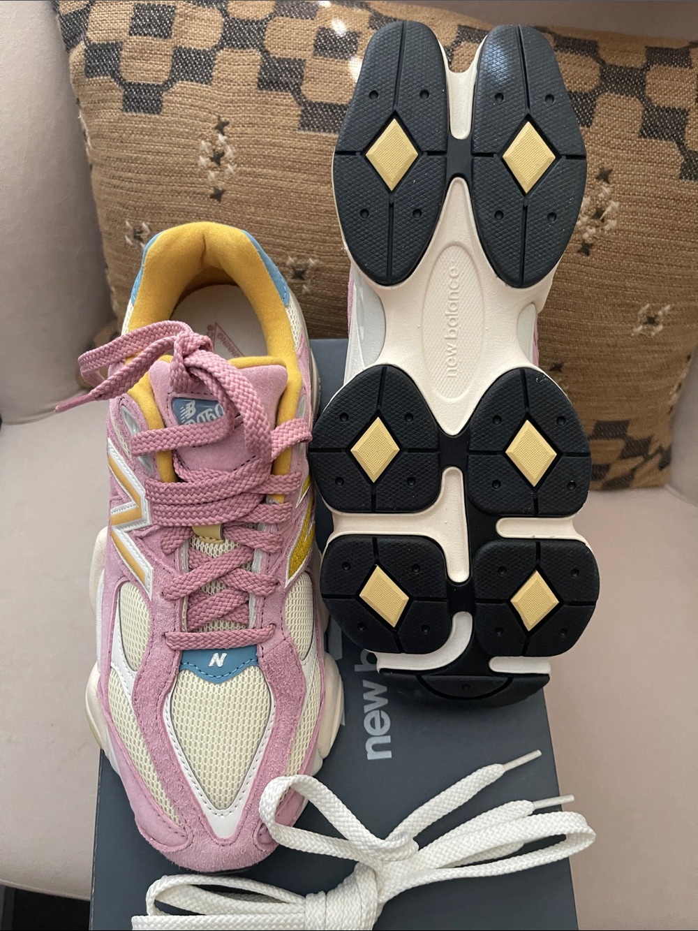 New Balance 9060 Women's Pink Suede & Mesh Sneakers with Yellow and Blue Accents - Picture 3 of 5